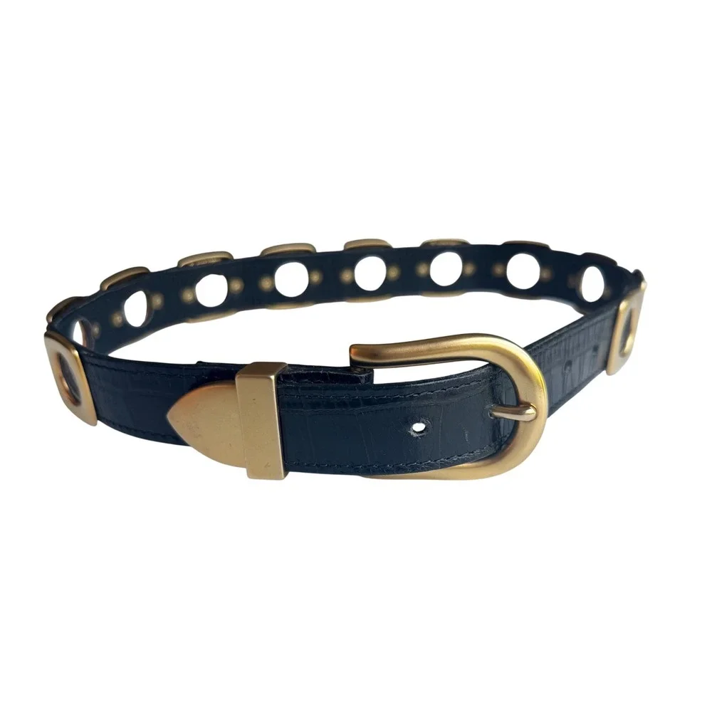 Vintage Black Croc Embossed Leather Grommet Belt Gold Tone Made in Spain XS/S